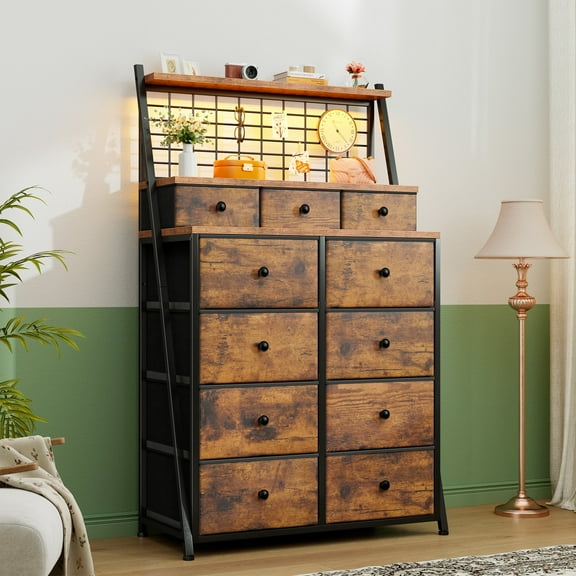 EnHomee Dresser with 11 Fabric Drawers Tall Dresser for Bedroom with LED Lights Chests of Drawers for Living Room, Rustic Brown
