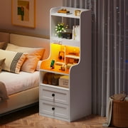 EnHomee Tall Nightstand with Charging Station LED Nightstand Organizer with Drawers Bedside Table with Bookshelf,White