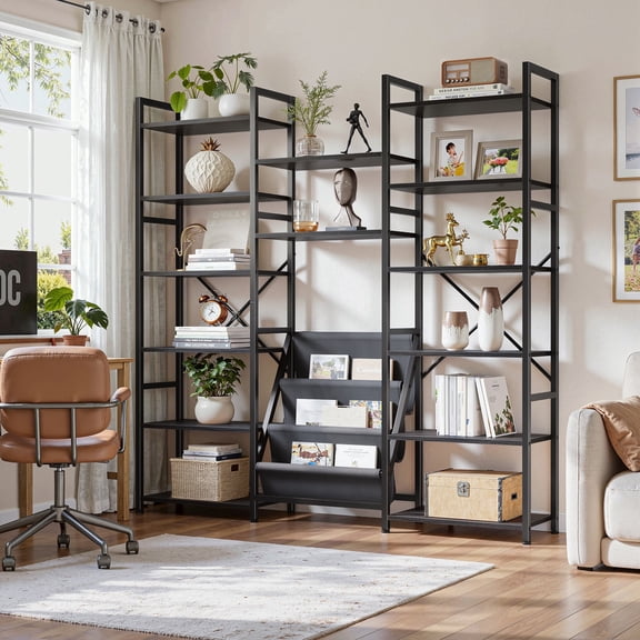 EnHomee Triple 6-Tier Industrial Bookshelf Set with 14 Open Display Shelves & 3 Fabric Bags, Large Bookshelves for Home Office, Bedroom,Living Room,Black