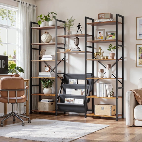 EnHomee Triple 6-Tier Industrial Bookshelf Set with 14 Open Display Shelves & 3 Fabric Bags, Large Bookshelves for Home Office, Bedroom,Living Room,Rustic Brown