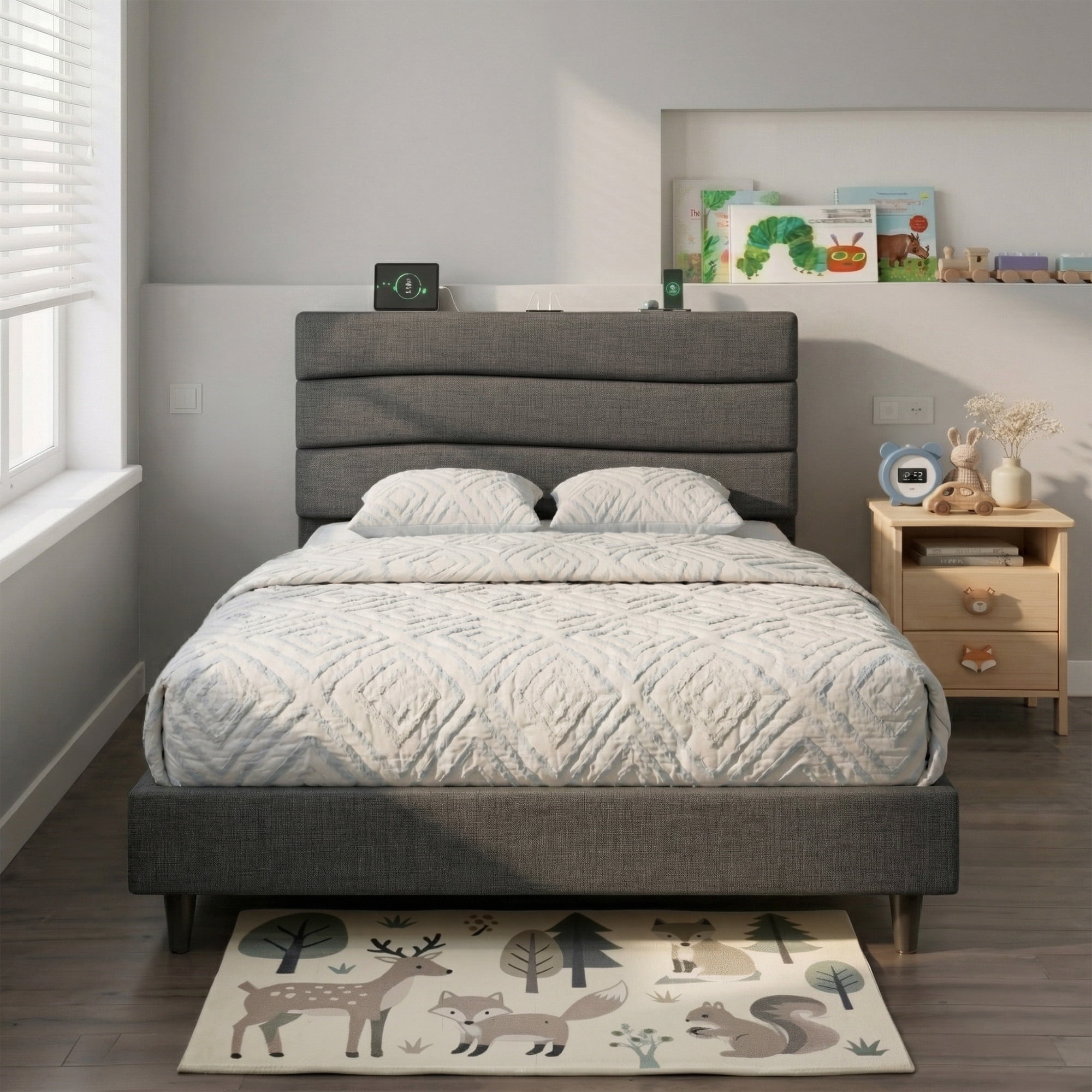 EnHomee Twin Bed Frame with Adjustable Headboard Upholstered Twin Size Bed Frame with Charge Station & Storage, Gray, No Box Spring Needed, Noise Free