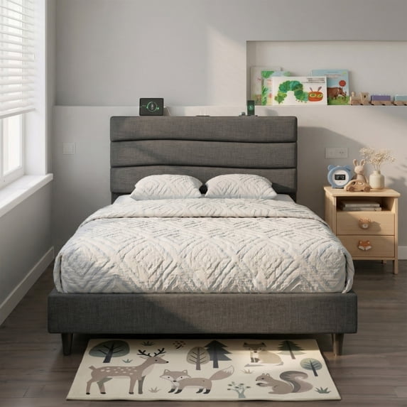 EnHomee Twin Bed Frame with Adjustable Headboard Upholstered Twin Size Bed Frame with Charge Station & Storage, Gray, No Box Spring Needed, Noise Free
