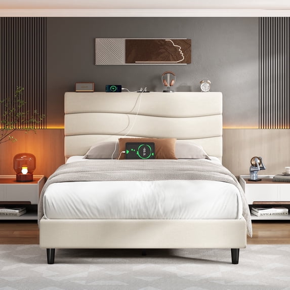 EnHomee Twin Size Bed Frame with Headboard Upholstered Bed Frame Twin with Storage Twin Size Bed Frame with Charge Station Beige, No Box Spring Needed, Noise Free