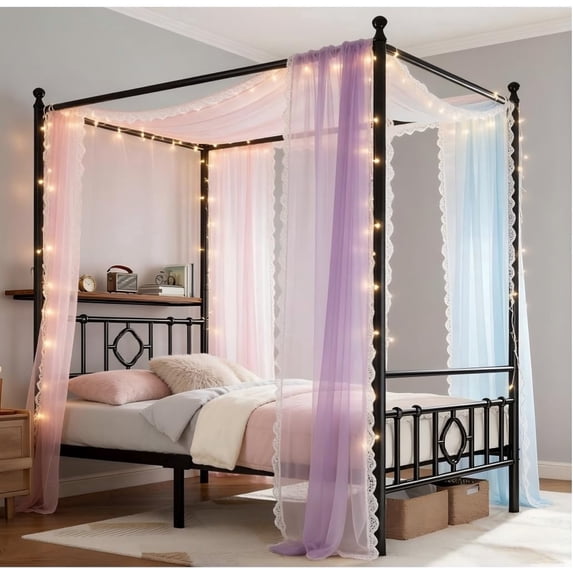 EnHomee Twin Size Canopy Bed Frame with Headboard Canopy Metal Bed Frame with 4 Removable Posts Platform Metal Canopy Bed, Curtain Not Included, Black