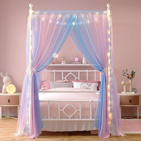 EnHomee Twin Size Canopy Bed Frame with Headboard Canopy Metal Bed Frame with 4 Removable Posts Platform Metal Canopy Bed, Curtain Not Included, White