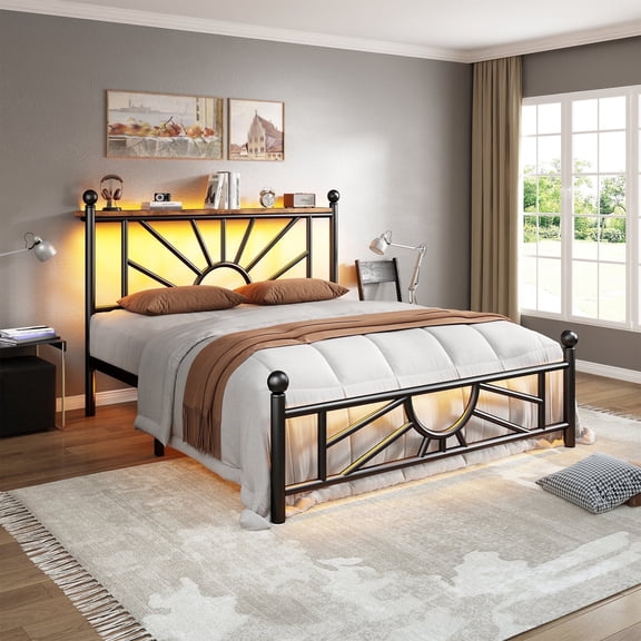 EnHomee Twin Size Metal Bed Frame with Vintage Headboard & Footboard Metal Platform Bed Frame Twin with LED Lights & Storage, Noise Free, Black
