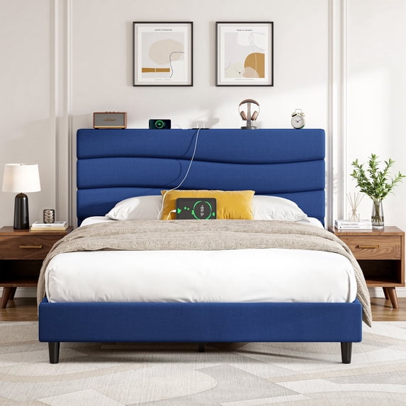EnHomee Upholstered Bed Frame with Adjustable Headboard Full Size Bed Frame with Charge Station & Storage, Navy Blue, No Box Spring Needed, Noise Free