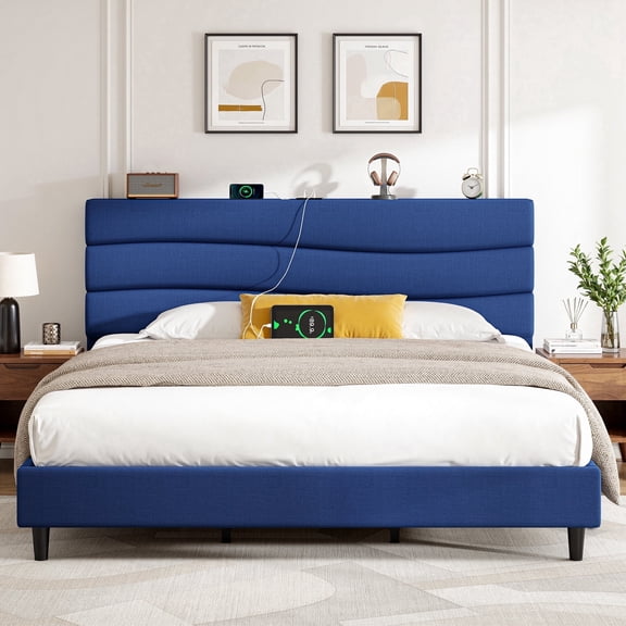 EnHomee Upholstered Bed Frame with Adjustable Headboard King Size Bed Frame with Charge Station & Storage, Navy Blue, No Box Spring Needed, Noise Free