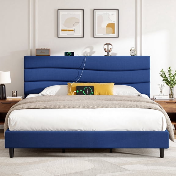 EnHomee Upholstered Bed Frame with Adjustable Headboard King Size Bed Frame with Charge Station & Storage, Navy Blue, No Box Spring Needed, Noise Free
