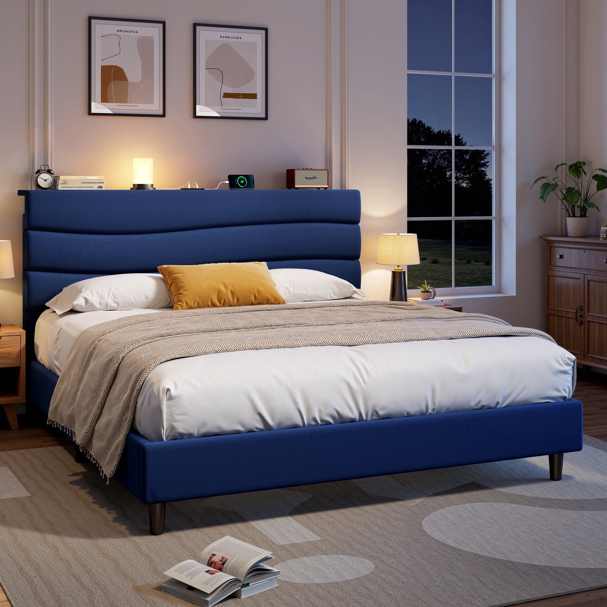 EnHomee Upholstered Bed Frame with Adjustable Headboard Queen Size Bed Frame with Charge Station & Storage, Navy Blue, No Box Spring Needed, Noise Free