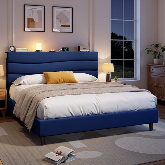 EnHomee Upholstered Bed Frame with Adjustable Headboard Queen Size Bed Frame with Charge Station & Storage, Navy Blue, No Box Spring Needed, Noise Free