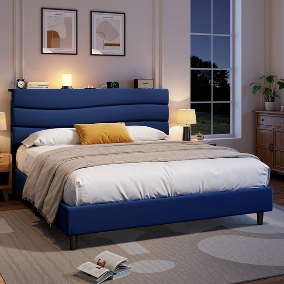 EnHomee Upholstered Bed Frame with Adjustable Headboard Queen Size Bed Frame with Charge Station & Storage, Navy Blue, No Box Spring Needed, Noise Free