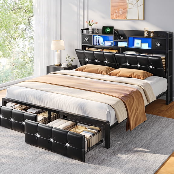 EnHomee Upholstered Bed Frame with 2 Drawers & Hidden Compartment Queen Size Bed Frame with 2-Tier Storage Shelves & LED Lihgts,Black