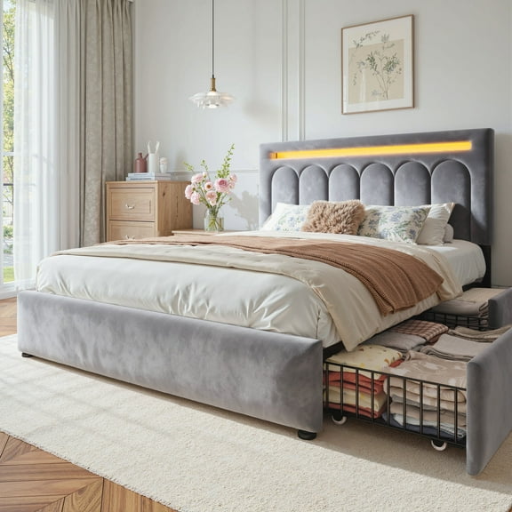 EnHomee Upholstered Bed Frame with 4 Storage Drawers Full Size Bed Frame with LED Light,Gray