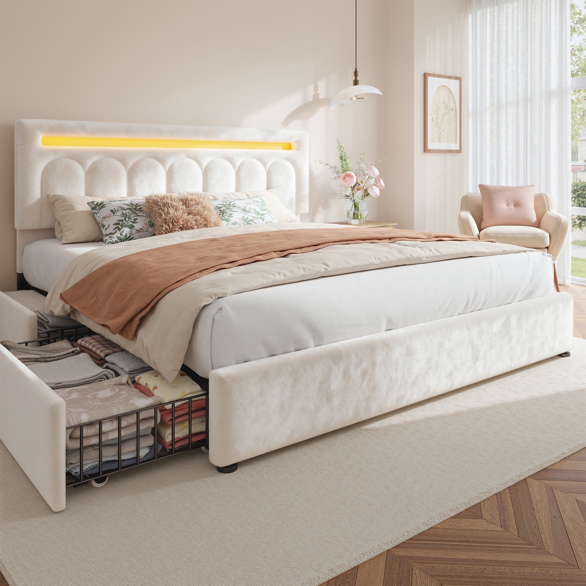 EnHomee Upholstered Bed Frame with 4 Storage Drawers King Size Bed ...
