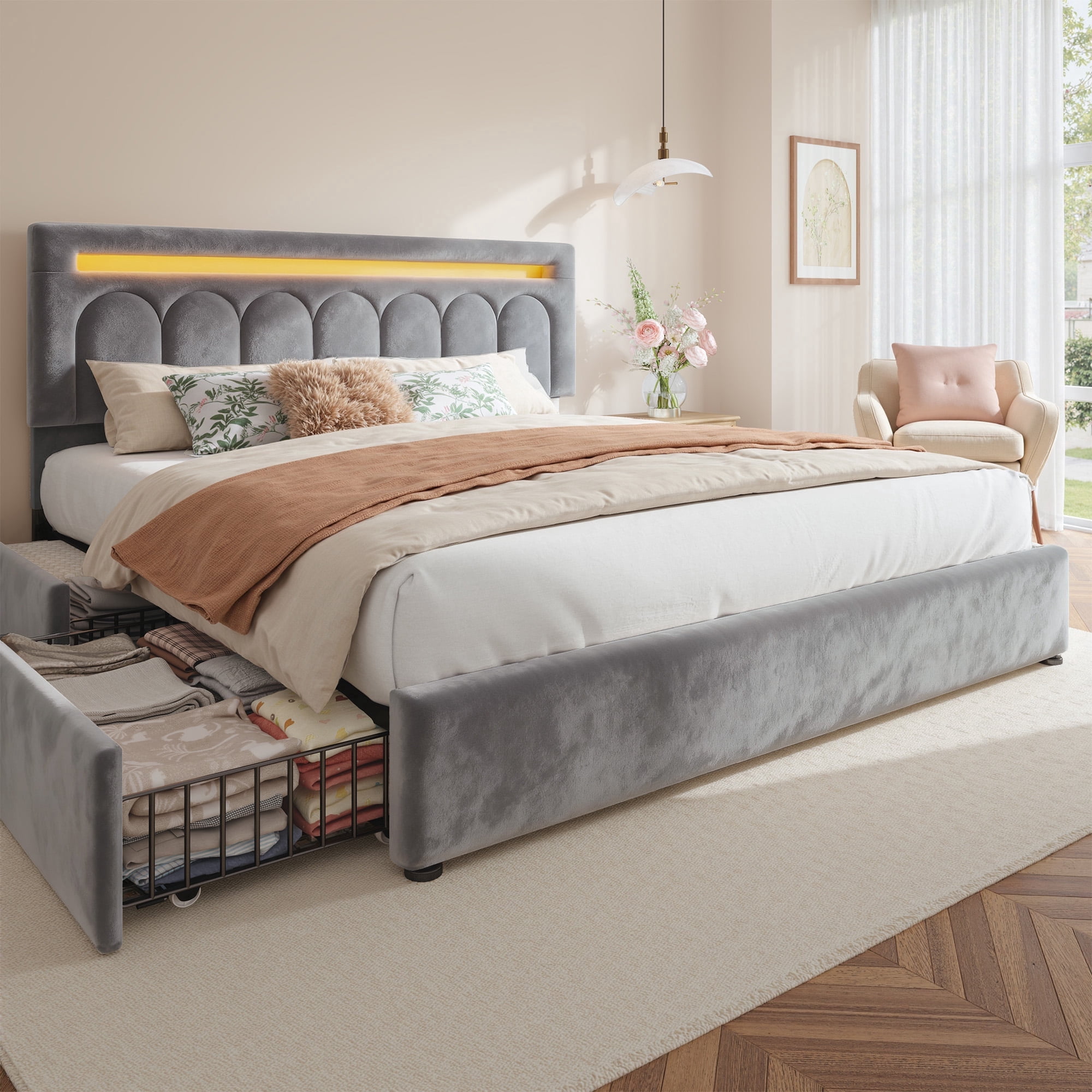 EnHomee Upholstered Bed Frame with 4 Storage Drawers King Size Bed Frame with Headboard & LED Light,Gray