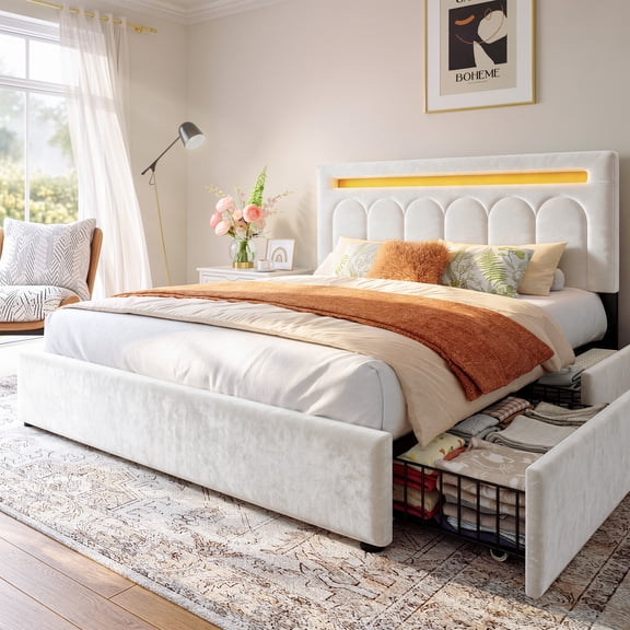EnHomee Upholstered Bed Frame with 4 Storage Drawers Queen Size Bed Frame with LED Light,Beige