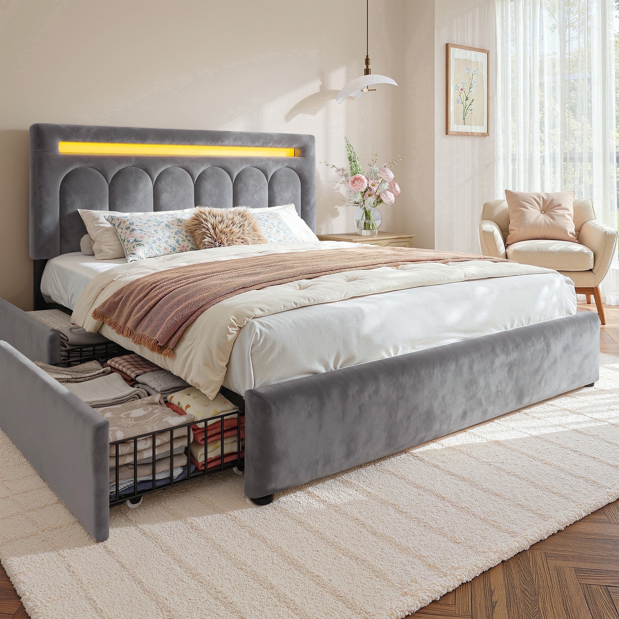 EnHomee Upholstered Bed Frame with 4 Storage Drawers Queen Size Bed Frame with LED Light,Gray