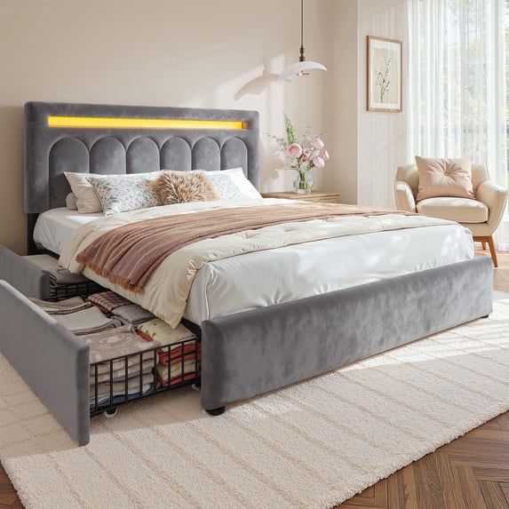 EnHomee Upholstered Bed Frame with 4 Storage Drawers Queen Size Bed ...