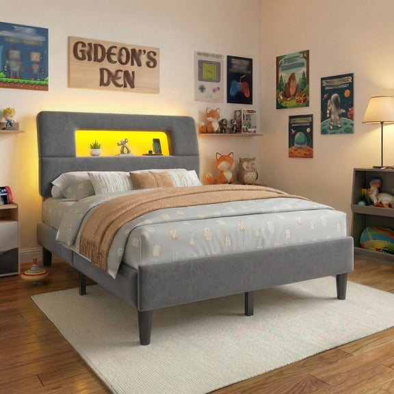 EnHomee Upholstered Bed Frame with Headboard Full Size Bed with LED Lights & Charging Station Bed Frame with Storage Platform,Grey