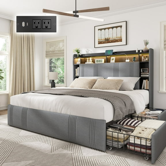 EnHomee  Upholstered Full Bed Frame with 4 Drawers Storage Bed Frame Full with 3-Tier Storage Shelf & Charging Station Full Size Bed Frame with LED Lights , No Box Spring Needed, No-Noise, Gray