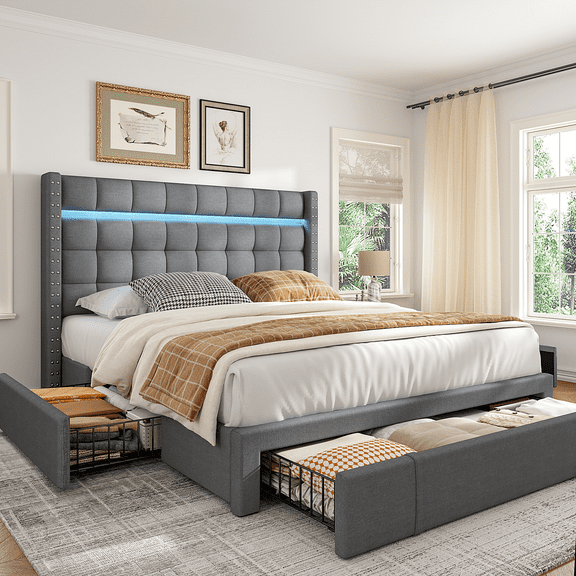 EnHomee Upholstered Full  Size Bed Frame with 3  Storage Drawers & LED Light & Adjustable Headboard,Grey