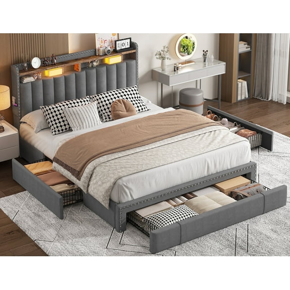 EnHomee Upholstered Full Size Bed Frame with Headboard and Storage, Sturdy Full Bed Frame with 3 Drawers, No Noise, Grey