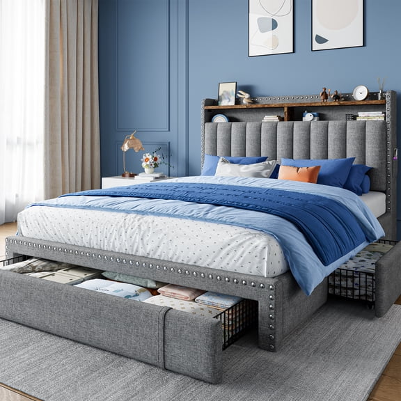 EnHomee Upholstered Full Size Bed Frame with Headboard and Storage, Sturdy Full Bed Frame with 3 Drawers, No Noise, Grey