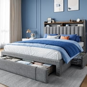 EnHomee Upholstered Full Size Bed Frame with Headboard and Storage, Sturdy Full Bed Frame with 3 Drawers, No Noise, Grey