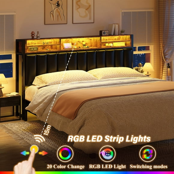 EnHomee Upholstered Headboard King Size Headboard with Storage Shelf & Charge Station King Headboard Only with LED Light & Soft Cushion