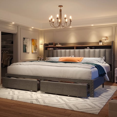 EnHomee Upholstered King Size Bed Frame with Headboard and Storage King Bed Frame with 2 Drawers,Grey