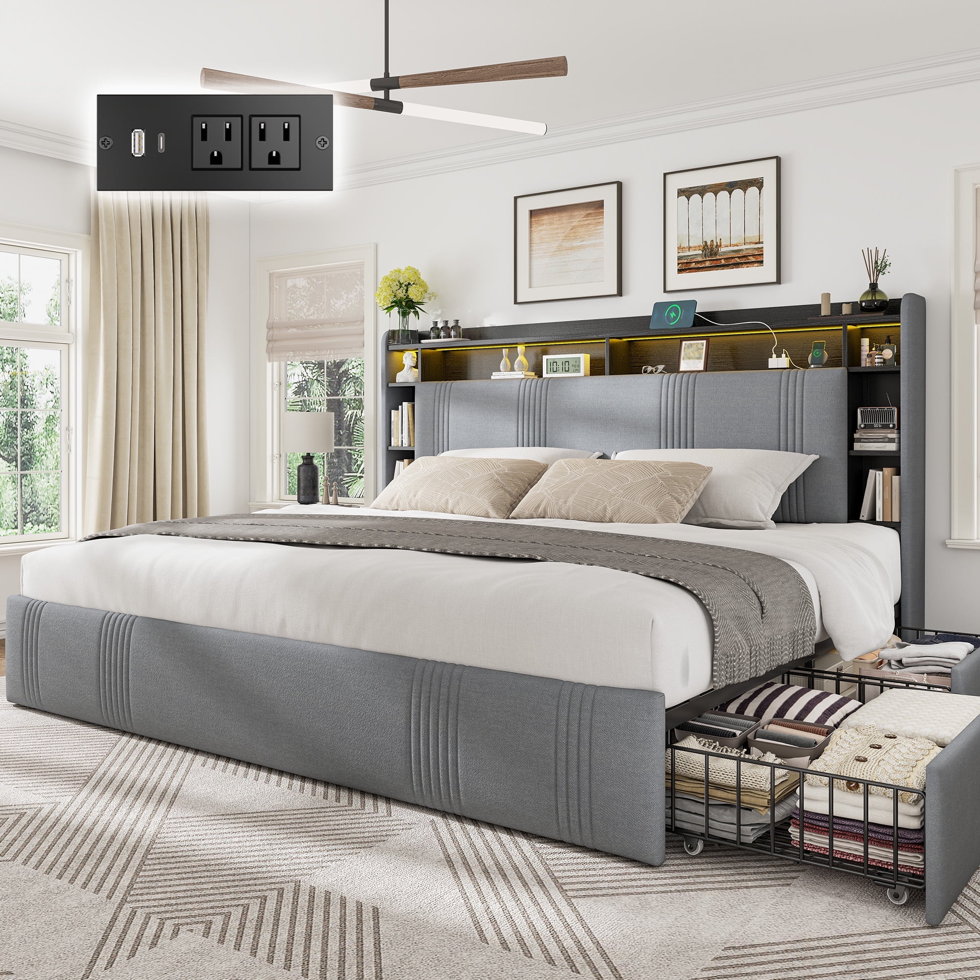 EnHomee Upholstered Queen Bed Frame with 4 Drawers Storage Bed Frame — free download