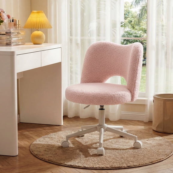 EnHomee Vanity Chair with Wheels Cute Chair Height Adjustable Ultra-Plush Fleece Vanity Stool, Pink