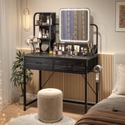 Vanity Desk with Mirror and Lights Makeup Vanity Table with 2 Fabric Drawers & Charge Station & Hair Dryer Rack Dressing Table for Bedroom, Black