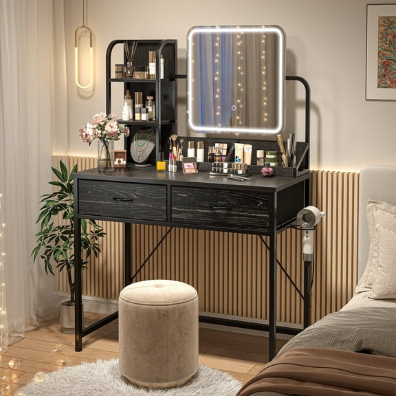EnHomee Vanity Desk with Mirror and Lights Makeup Vanity Table with 2 Fabric Drawers & Charge Station & Hair Dryer Rack Dressing Table for Bedroom, Black