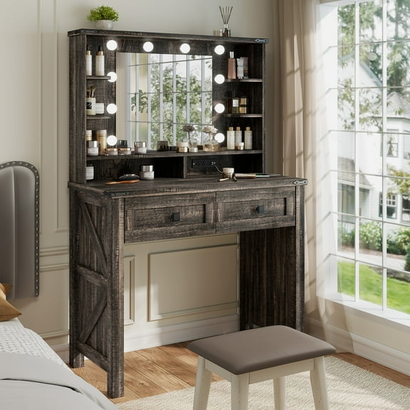 EnHomee Vanity Desk with Mirror and Lights Makeup Vanity with 2 Storage Drawers Wooden Vanity with Charging Staion for Bedroom, Small Space, Dark Oak