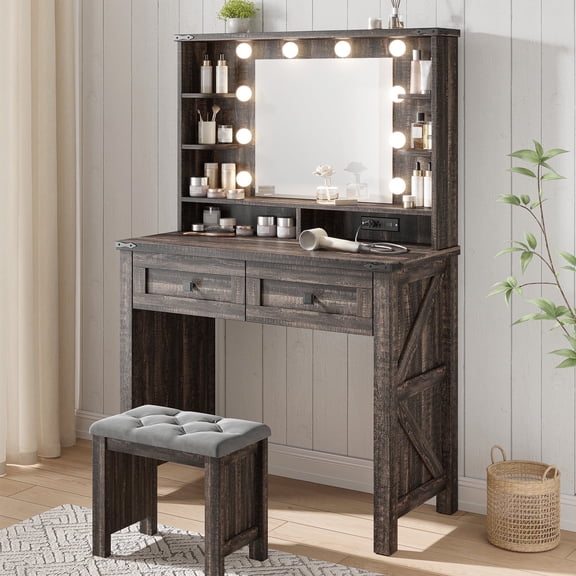 Vanity Set with Mirror and Lights Vanity Desk with 2 Wooden Drawers & Charge Station Dressing Table for Girl,Stool Not Included, Dark Rustic Oak