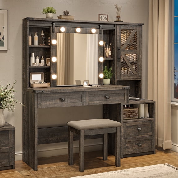 Vanity Set with Mirror and Lights Vanity Desk with 4 Wooden Drawers & 3-Tier Storage Shelf & Charge Station Farmhouse Vanity Dressing Table for Girl, Stool Not Included, Dark Rustic Oak