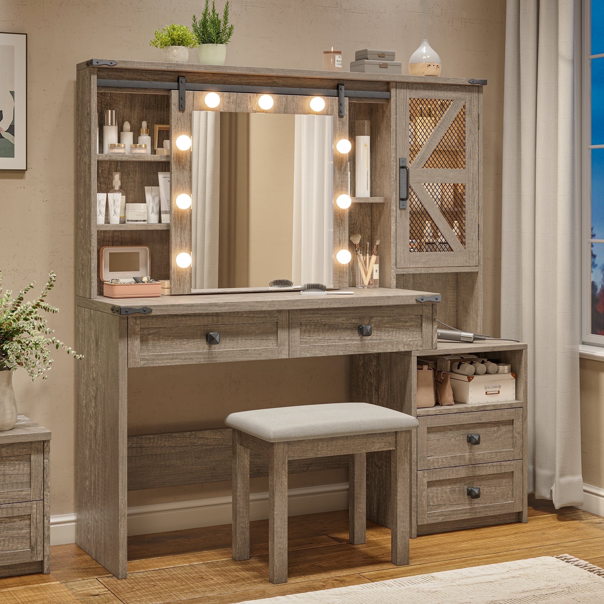 Vanity Set with Mirror and Lights Vanity Desk with 4 Wooden Drawers & 3-Tier Storage Shelf & Charge Station Farmhouse Vanity Dressing Table for Girl, Stool Not Included, Light Rustic Oak