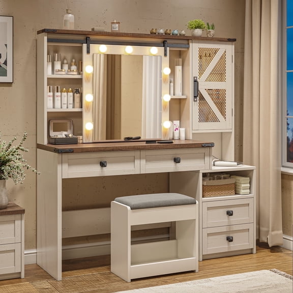 Vanity Set with Slding Mirror and Lights Vanity Desk with 4 Wooden Drawers & 3-Tier Storage Shelf & Charge Station Farmhouse Dressing Table for Girl, Stool Not Included, White