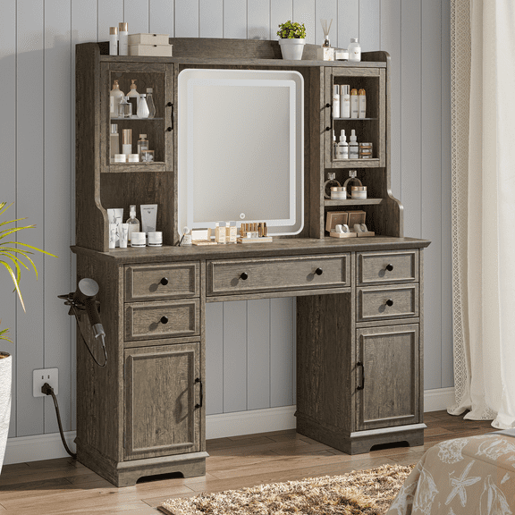 EnHomee Vanity Set with Mirror and Lights Farmhouse Vanity Desk with 5 Drawers & 2 Storage Cabinets Makeup Vanity Table with Lighted Mirror,Dark Oak