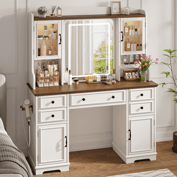 EnHomee Vanity Set with Mirror and Lights Farmhouse Vanity Desk with 5 Drawers & 2 Storage Cabinets Makeup Vanity Table with Lighted Mirror,White