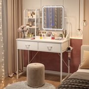 Romorgniz Vanity Set with Mirror and Lights Vanity Desk with 2 Fabric Drawers & Charge Station Dressing Table for Girl, White
