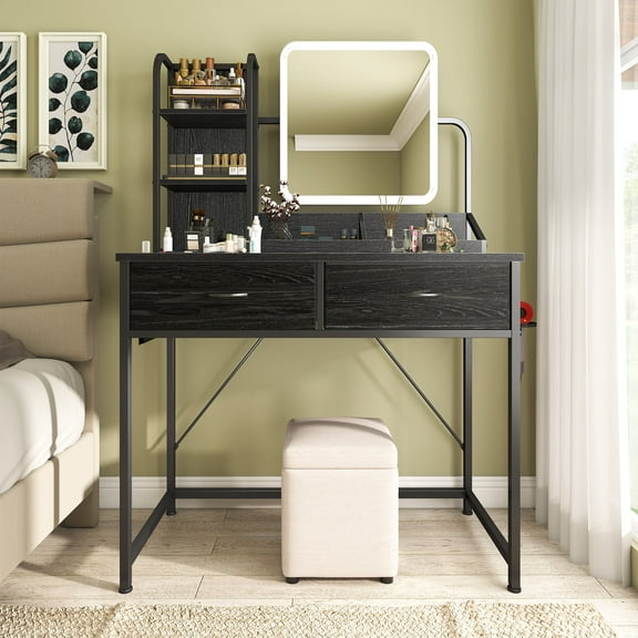 EnHomee Vanity Set with Mirror and Lights Vanity Desk with 2 Fabric Drawers & Charge Station Makeup Vanity Table with Lighted Mirror,Black