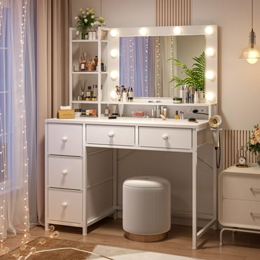 EnHomee Vanity with Mirror and Lights Makeup Vanity Desk with 5 Fabric Drawers & Power Outlet & Hair Dryer Rack Dressing Table for Bedroom,White