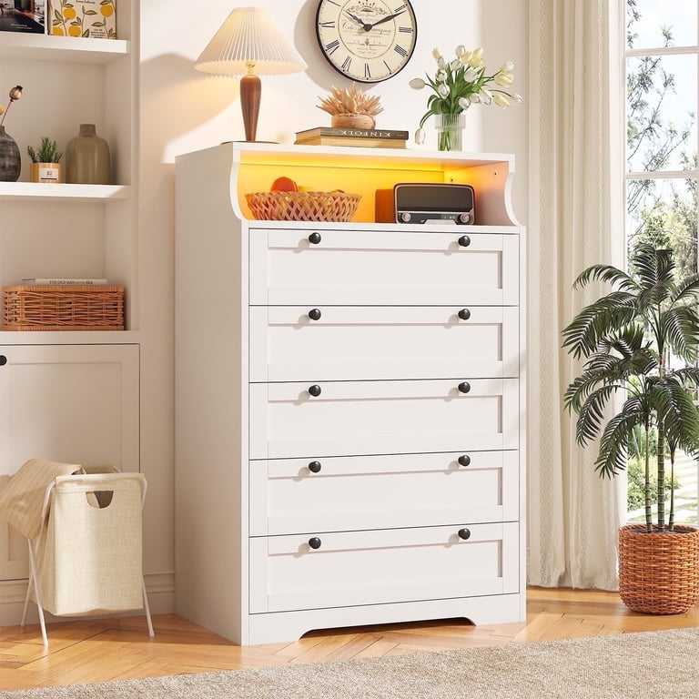 EnHomee 48.6"" High White Dresser with LED Light, Open Shelf, 5-Drawer  Storage, Modern Bedroom Cabinet" - Walmart.com