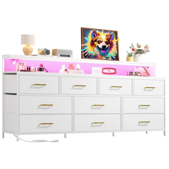 EnHomee White 55"Long Dresser for Bedroom 10 Drawers LED Dresser with charging station Fabric Dressers & Chests of Drawers,11.6"W x 55"L x 31.5"H