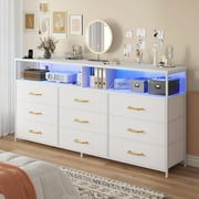EnHomee White 9 Drawers Dressers for Bedroom Wide Dresser TV Stand for 65" with Power Outlet & LED Lights Fabric Dressers & Chests of Drawers