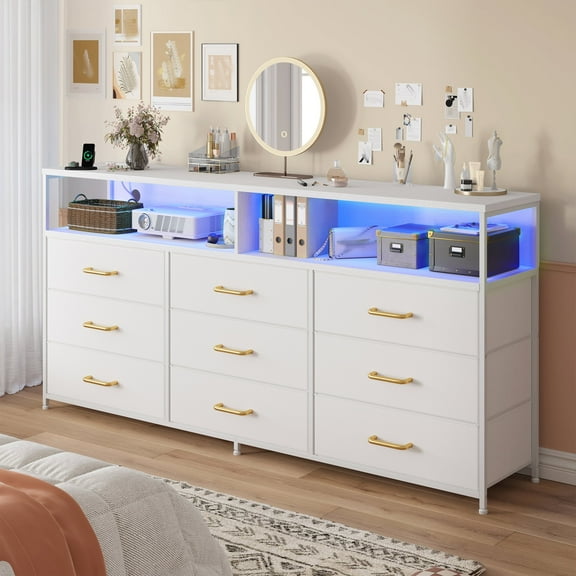 EnHomee White 9 Drawers Dressers for Bedroom Wide Dresser TV Stand for 65" with Power Outlet & LED Lights Fabric Dressers & Chests of Drawers
