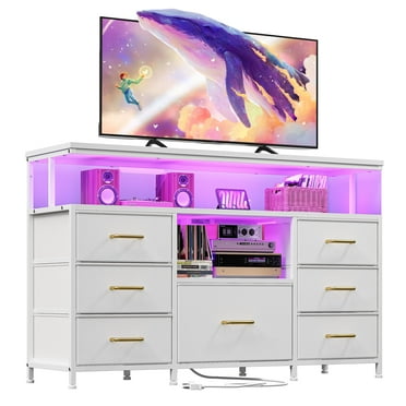 EnHomee White Dresser 55" TV Stand for Living Room with LED Lights & Power Outlets Dresser for Bedroom Entertainment Center with 7 Fabric Drawers